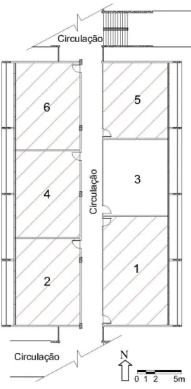 Figura 3.17 – Planta do 1º pavimento do ICEB1 com marcação das salas utilizadas. 