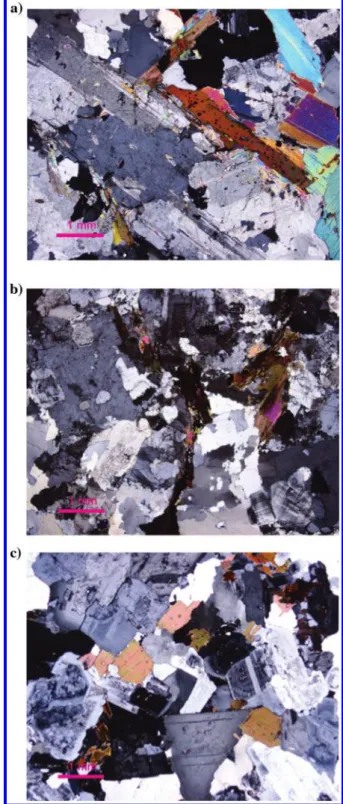 Figure 1. Micrographs of the three granitic rock types considered in this work: (a) YC (yellow color and coarse grains), (b) RM (rose color and medium grains), and (c) GM (gray color and medium grains).