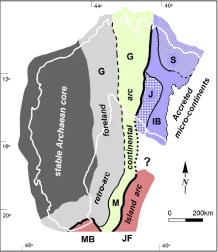 Fig. 10. Tentative reconstruction of the tectonic scenario of the São Francisco Craton and its margins after the Palaeoproterzoic collision