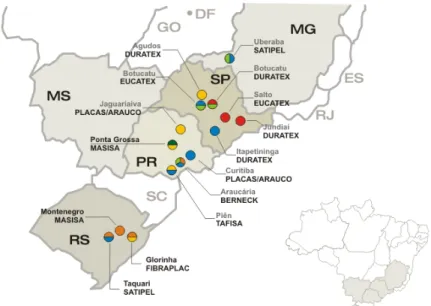 Figura 3.2.  Localização dos fabricantes brasileiros de painéis.  