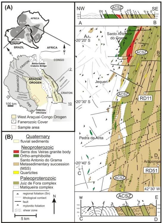 Figure 1. (A) Geotectonic setting of the Araçuaí orogeny and the São Francisco craton, with location of the study area