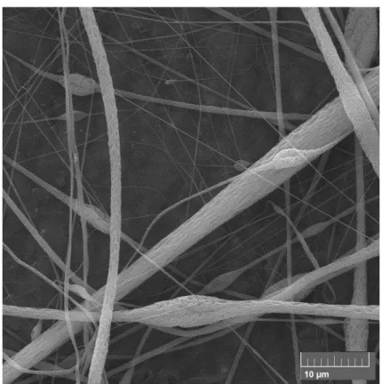 FIGURA  4.15: Microscopia  Eletrônica  de  Varredura  de fibras  de  PVC  0,1  g/mL  obtidas  por  eletrofiação com o aumento de 5 μm.