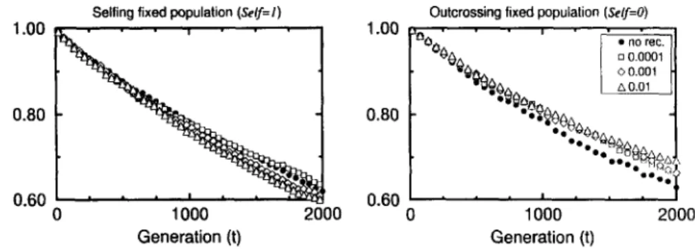Fig.  5. Population mean fitness versus generation in asexual (left)  and sexual (right)  populations obtained for  different recombinations (provided  in the  legend)