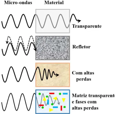 Figura 1.5 Ű Tipo de interação das micro-ondas com os materiais. Adaptado de [47].
