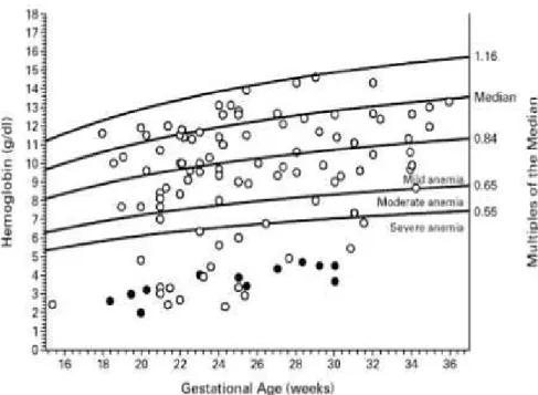 FIGURA 2 – Valores de referência para concentrações de hemoglobina fetal em função  da idade gestacional, propostos por Mari et al., 2000