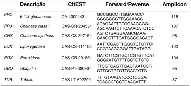 Tabela  1.  Sequências  dos  “primers”   dos  genes  alvos  e  normalizadores  utilizados  nos  ensaios de níveis de expressão por PCR quantitativo em Tempo Real (RT-qPCR)