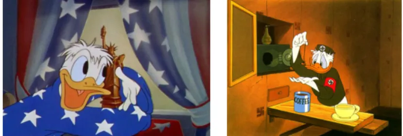 Figura 1 e Figura 2 – Muito mais do que nos quadrinhos analisados por Dorfman e Mattelart, os curtas de animação foram utilizados na propaganda de guerra, como no