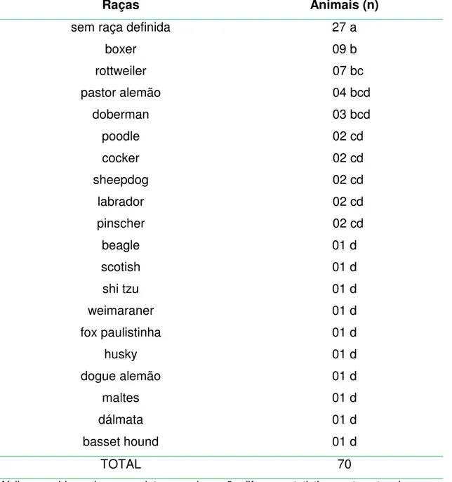 Tabela 3 - Distribuição racial dos 70 animais portadores de linfoma canino.  Botucatu-SP, 2009