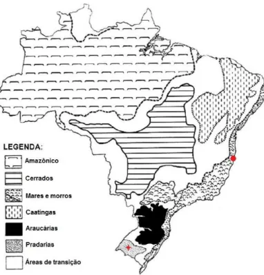 Figura  1:  Domínios  morfoclimáticos  brasileiros  e  locais  de  coleta  das  populações  de  Tropidurus torquatus