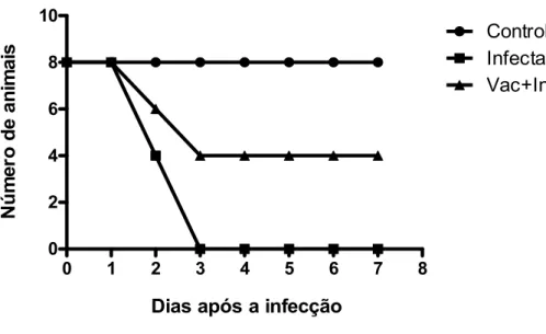 Figura 1: Curva de sobrevivência dos animais dos grupos controle (círculo), apenas infectado  (quadrado) e vacinado com proteína purificada + infecção (triângulo), com n=8
