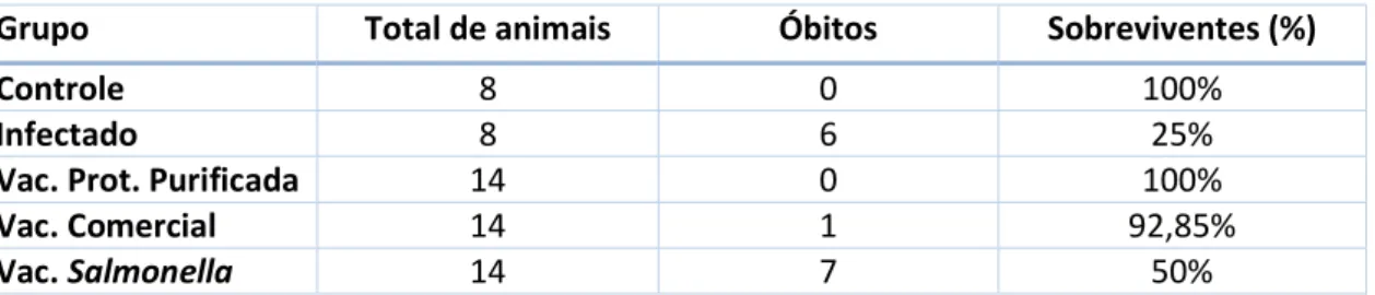 Tabela  2:  Dados  do  segundo  experimento  (animais  BALB/c),  onde  são  demonstradas  as  porcentagens de sobrevivência dos animais vacinados
