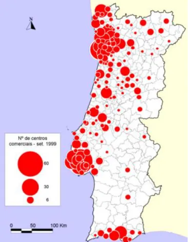 Figura 1 - Distribuição dos Centros Comerciais em funcionamento em  setembro de 1999 
