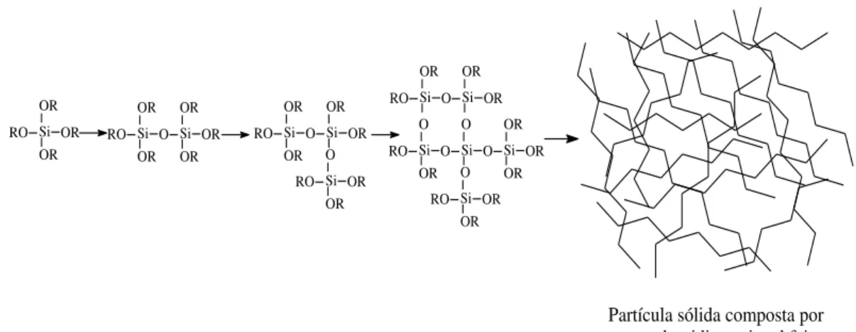 Figura 4.  Representação da polimerização da rede tridimensional de sílica 