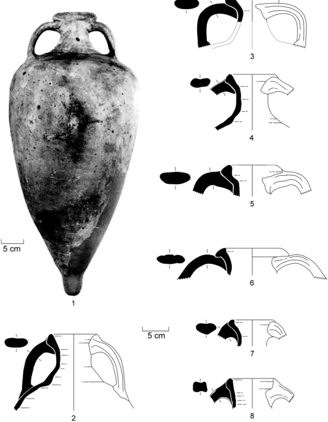 Figure 7. Almagro 51c amphorae (MNAS): no. 1 – unknown underwater provenance; nos. 2 and 8 - Puerto de  Mazarrón