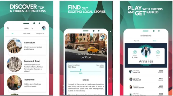 Figure 2.4: Questo – City exploration game [97]. The picture on the left shows a screen with information about a place