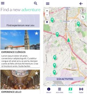 Figure 4.2: Dashboard page and Experience Page (Map View) of the Tourists’ Application Figure 4.2 shows the dashboard page with a list of the experiences and the experience page on the map view with the available activities of the selected experience displ