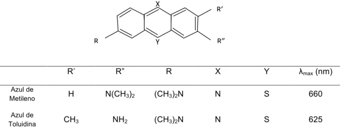 Fig 1. Estrutura molecular do azul de metileno e azul de toluidina e pico máximo de  absorção (λ max ) 