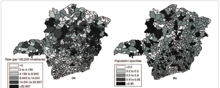 Figure 11 Homicide rates map (a) and population at risk map (b) in Minas Gerais State, Brazil.