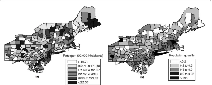 Figure 14 The rates map (a) and population at risk map (b) for the Northeast U.S. breast cancer data.