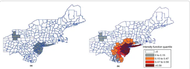 Figure 16 The three strongest clusters found by SaTScan [36] (a) and intensity function map (b) for the Northeast U.S