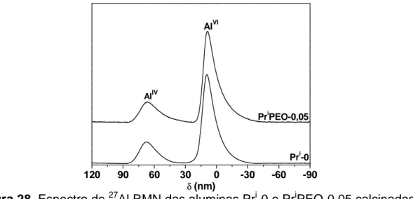 Figura 28. Espectro de  27 Al RMN das aluminas Pr i -0 e Pr i PEO-0,05 calcinadas. 