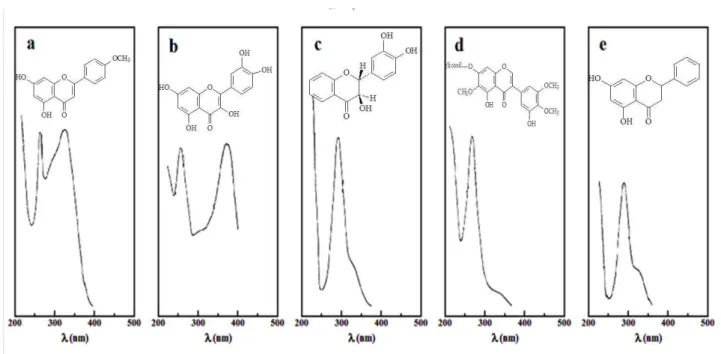 Figura 11: Espectros UV-Vis típico das classes de flavonoides. a) flavona (acacetina); b) flavonol (quercetina);   c) flavanonol (taxifolina); d) isoflavona (iridina); e) flavanona (pinocembrina)