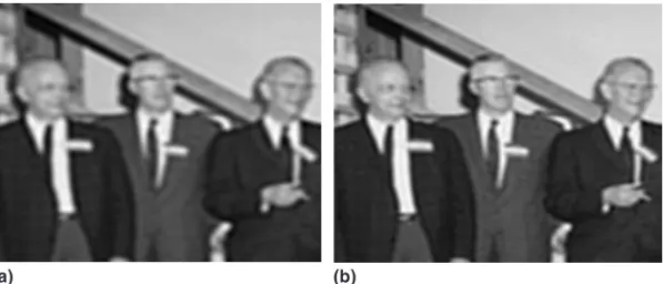 Fig. 5. The restored images at iteration 1 (a) (relative error = 1.14 × 10 −1 ) and iteration 6 (b) (relative error = 8.97 × 10 − 2 ).