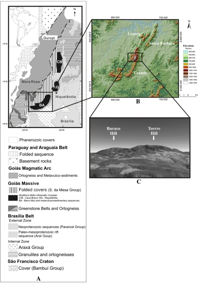 Fig. 1. A: Regional geology of the southeastern Neoproterozoic Brasília Belt in Tocantins Province (Correia et al., 2007; Pimentel et al., 2004) highlighting the Barro Alto Stratiform Maﬁc–Ultramaﬁc Complex (CBA)