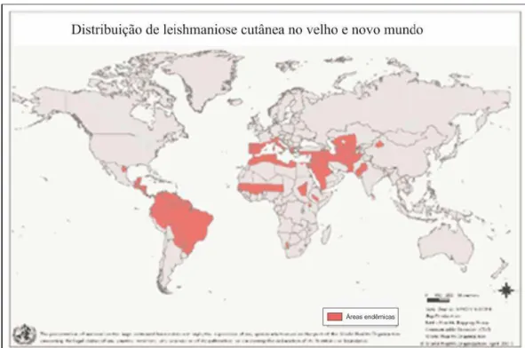 Figura 1: Distribuição mundial da forma tegumentar de leishmaniose. As áreas em vermelho  sinalizam  zonas  endêmicas