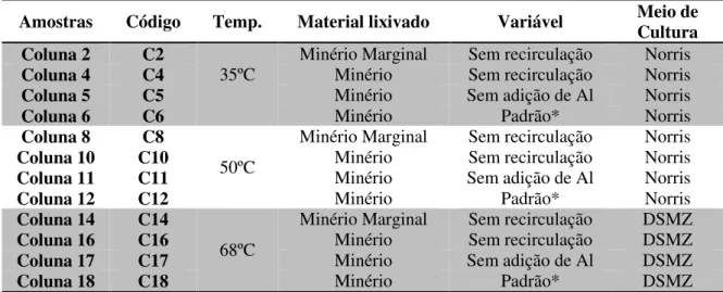 Tabela 4-3: Amostras coletadas das colunas de biolixiviação. 