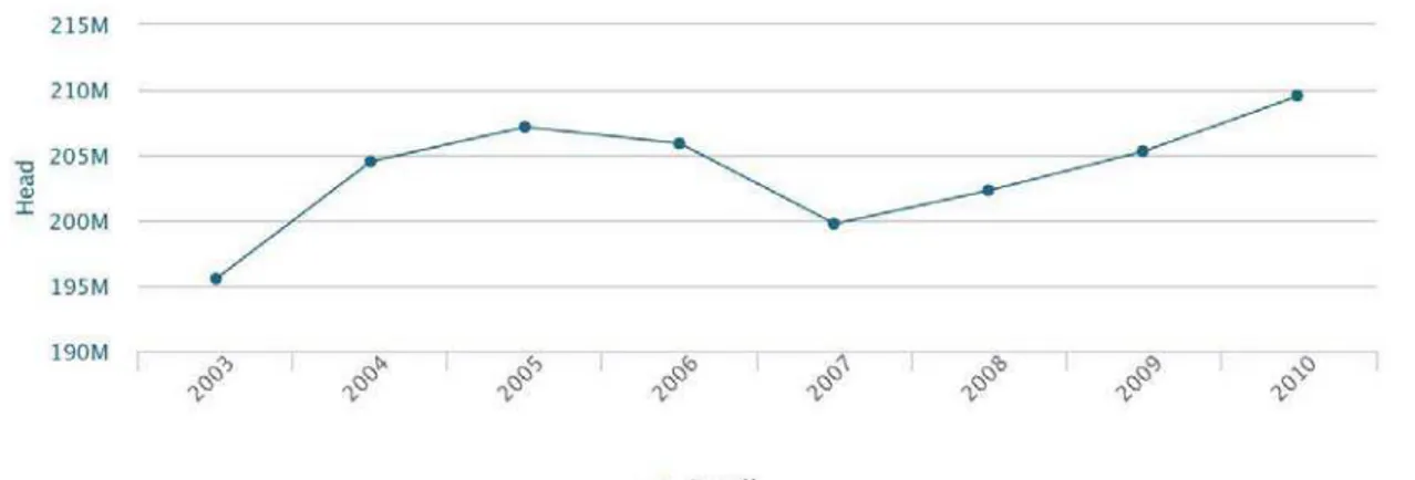 Gráfico 02: Número de cabeças de gado no Brasil entre 2003 e 2010.  Fonte: FAO Stat, 2014.