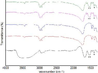 Figure  5 – FTIR spectra of BSA and PHBV MPs: BSA (black line); 100 unloaded-PHBV MPs (red  line); 90 unloaded-PHBV MPs (blue line); 100 BSA-loaded PHBV MPs (pink line); 90 BSA-loaded  PHBV MPs (green line)