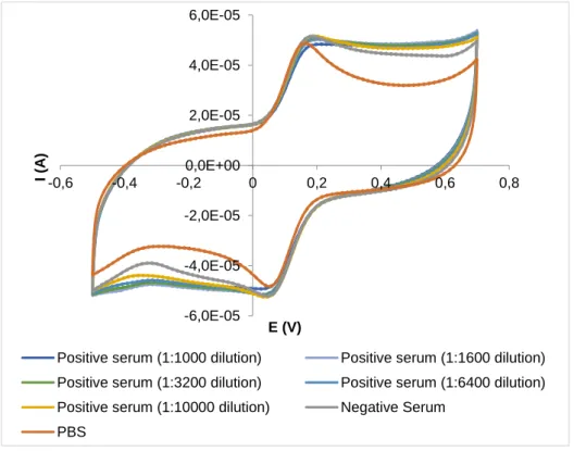 Figure  16  -  Graphical  representation  of  several  dilutions  of  a  positive  serum  obtained  by  cyclic  voltammetry  (CV)