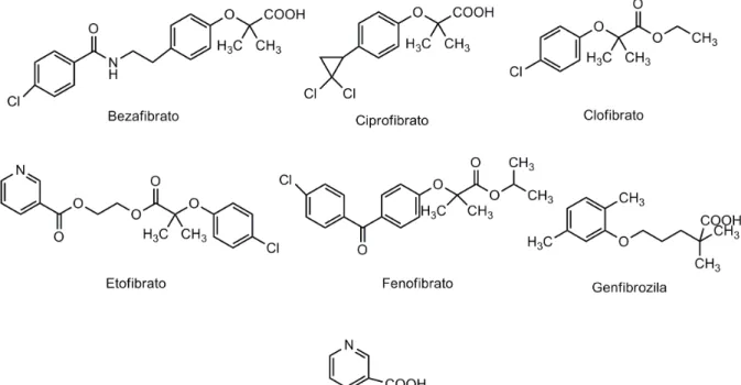 Figura 2  - Estruturas químicas dos principais fármacos empregados no tratamento da  hipertrigliceridemia
