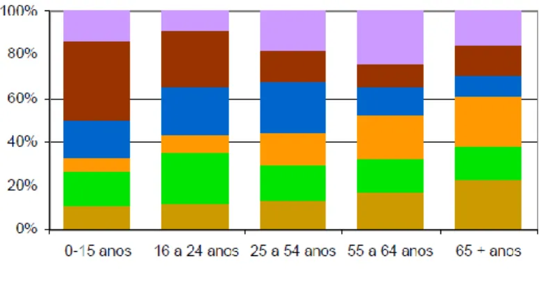 Figura 3. Distribuição percentual de cada deficiência, dentro dos grupos etários 