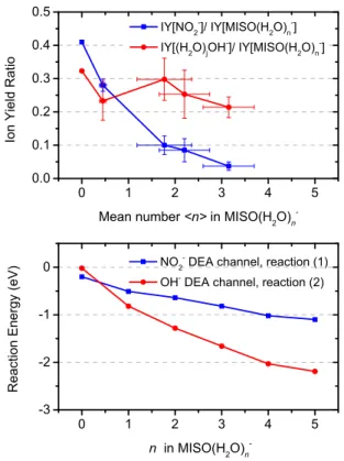 Figure 4. Evolution of relative ion yields for OH − and NO − 2 fragments as a function of hydration (top) and computed reaction energies for respective DEA reaction channels (bottom).