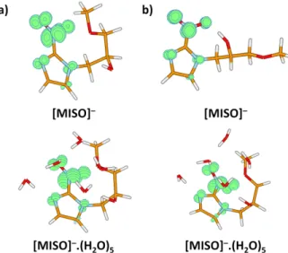 Figure 5. Spin density for the misonidazole anion (a) in the structure of the neutral molecule; (b) for the minimum located after optimization in the anionic state