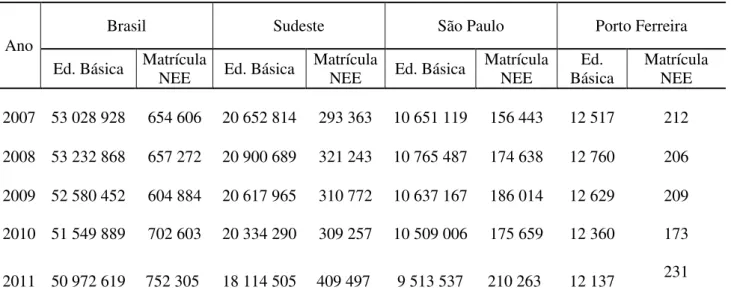 Tabela 6- Número de matrículas gerais e de alunos com Necessidades Educacionais Especiais na  Educação Básica do Brasil, Sudeste, São Paulo e Porto Ferreira - 2007 a 2011 