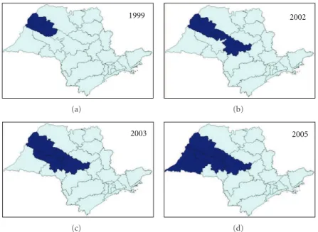 Figure 1: Geographic expansion of confirmed cases of visceral leishmaniasis autochthonous transmission, according to the region of Sao Paulo state, from 1999 to 2005