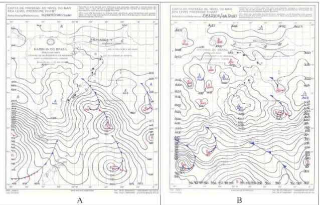 Figura 3 – A carta em “A” mostra as condições sinóticas do dia 31 de maio de 2010. Sobre o Norte da Argentina,  Paraguai, Sul e Centro-Oeste do Brasil, avança uma massa Polar com 1032hPa
