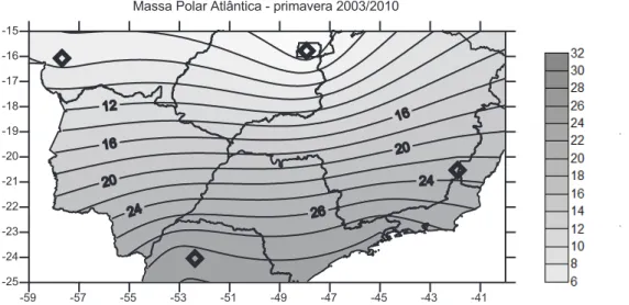 Figura 8 – Esboço do mapa da Região Centro Sul do Brasil. As isolinhas indicam a porcentagem da participação da  mPa média para a estação da primavera na série 2002/2010.