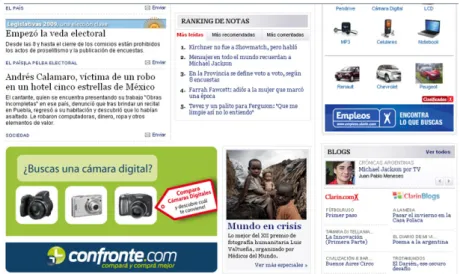 Figura 1: Única menção aos especiais multimídia do Clarín.com na capa do dia 26/06/2009, junto da chamada para o slide-show “Mundo en Crisis”.
