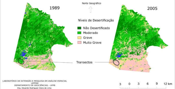 Figura 5 - Município de São Domingos do Cariri e área das coletas de dados (transectos) em imagens de satélite de  1989 e 2005.