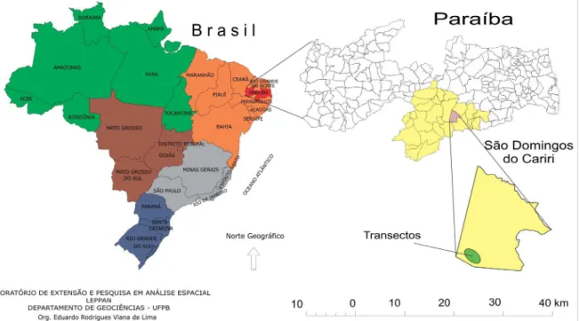 Figura 1 – Município de São Domingos do Cariri e da área de realização dos transectos (Salgadinho).