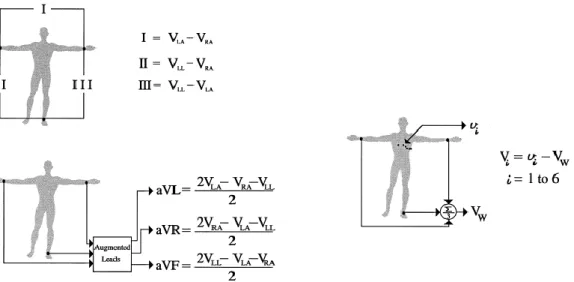 Figura 2.1 – Esquemas explicativos do cálculo de diferença de potencial no ECG. 