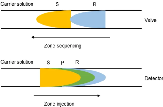 Figure  2  -  Schematic  sequential  aspiration  and  propulsion  of  aliquots  of  sample  and  reagent, where S, P, and R are sample, product, and reagent, respectively