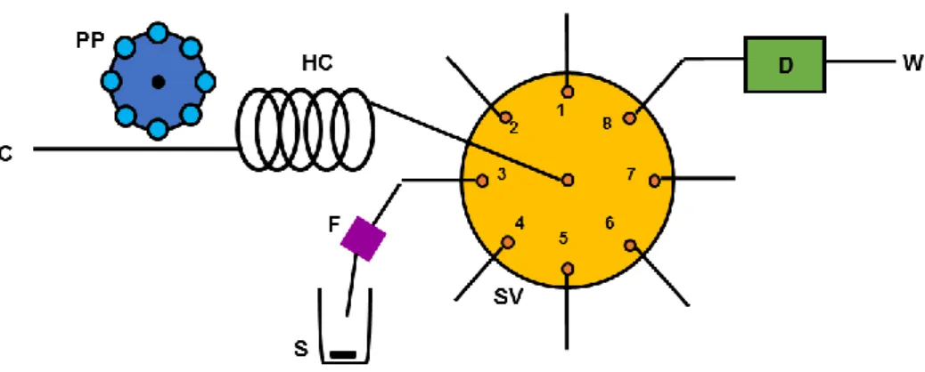 Figure 8 - Schematic representation of the SIA manifold used in release assays. C: carrier  (phosphate buffer 0.2 mol L -1  pH 7.4), PP: peristaltic pump, HC: holding coil, SV: selection  valve, F: filter, S: sample, D: detector, W: waste