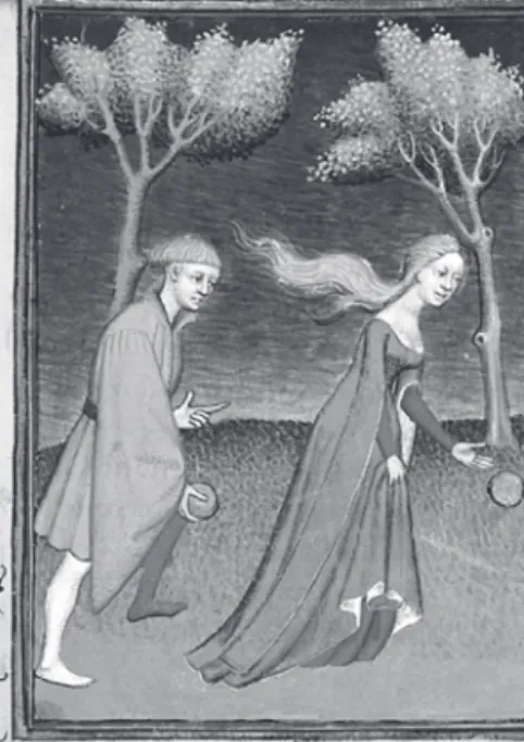 Fig. 5. Melanion e Atlanta com duas maçãs  que lhes foram dadas por Afrodite. British  Library manuscripts Harl