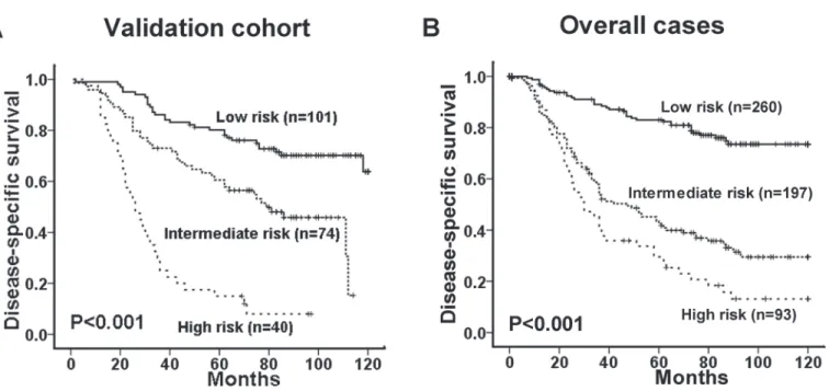Fig 5. Comparison of disease-specific survival based on a novel clinico-pathological prognostic model (including ULK1 expression, therapy response and overall clinical stage) in the validation cohort (A) and overall cases (B) (log-rank test).
