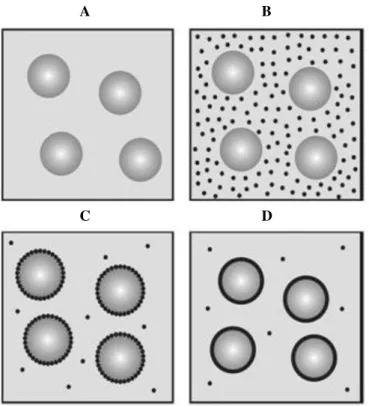 Figura  9  -  Representação  esquemática  do  método  coacervação:  A-  Deposição  das  partículas  sólidas  ou  líquidas;  B  -  Indução  da  fase  de  separação;  C  -  Deposição  das  microgotas  na  superfície;  D  -  Formação  da  membrana  de  revest